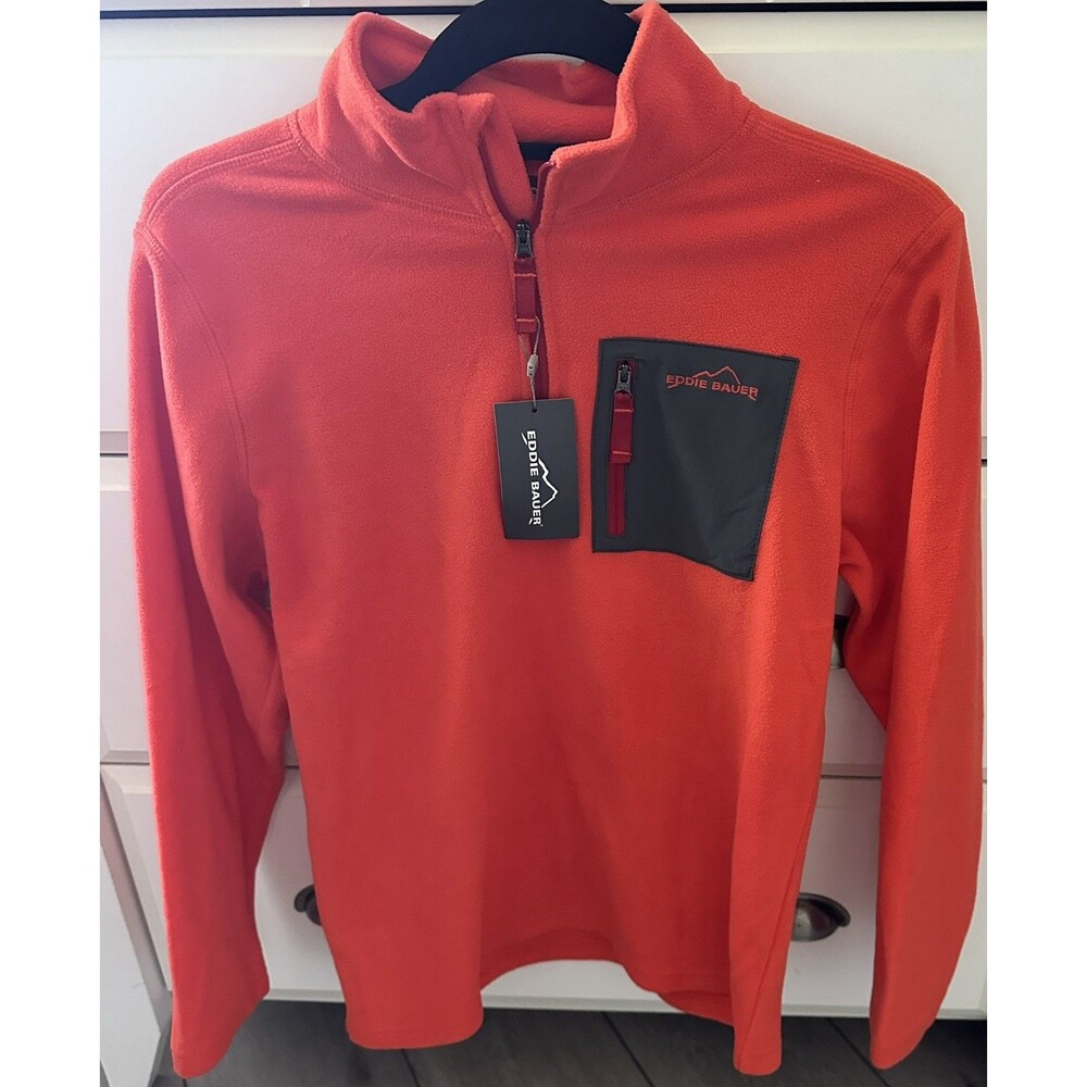 NWT Eddie Bauer Youth Size L 14-16 Fleece Pullover 1/4 Zip Orange Grey - NEW